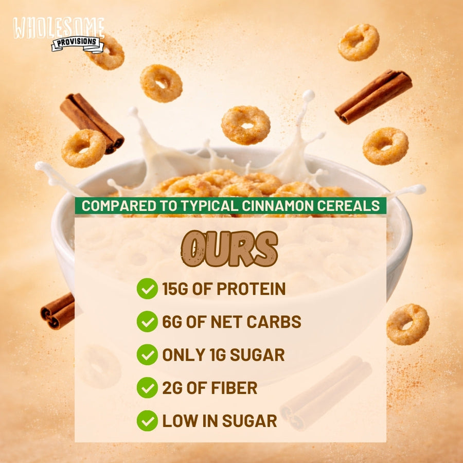 Cinnamon Protein Cereal: cereal comparison graphic with cinnamon sticks.
