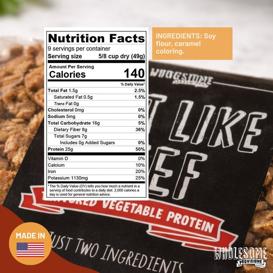 Just Like Beef Vegan Soy Protein: Nutrition Facts and ingredient graphic.