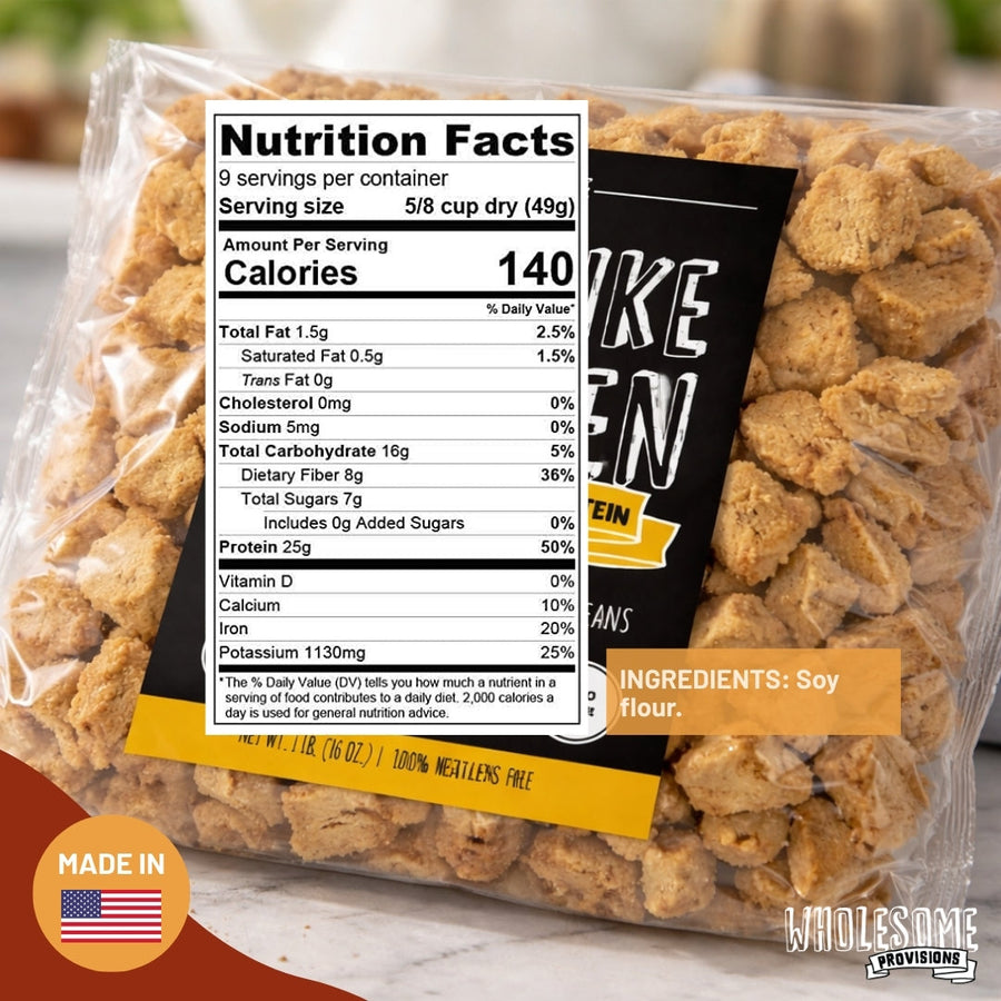 Just Like Chicken Vegan Soy Protein: Nutrition Facts and ingredient graphic.
