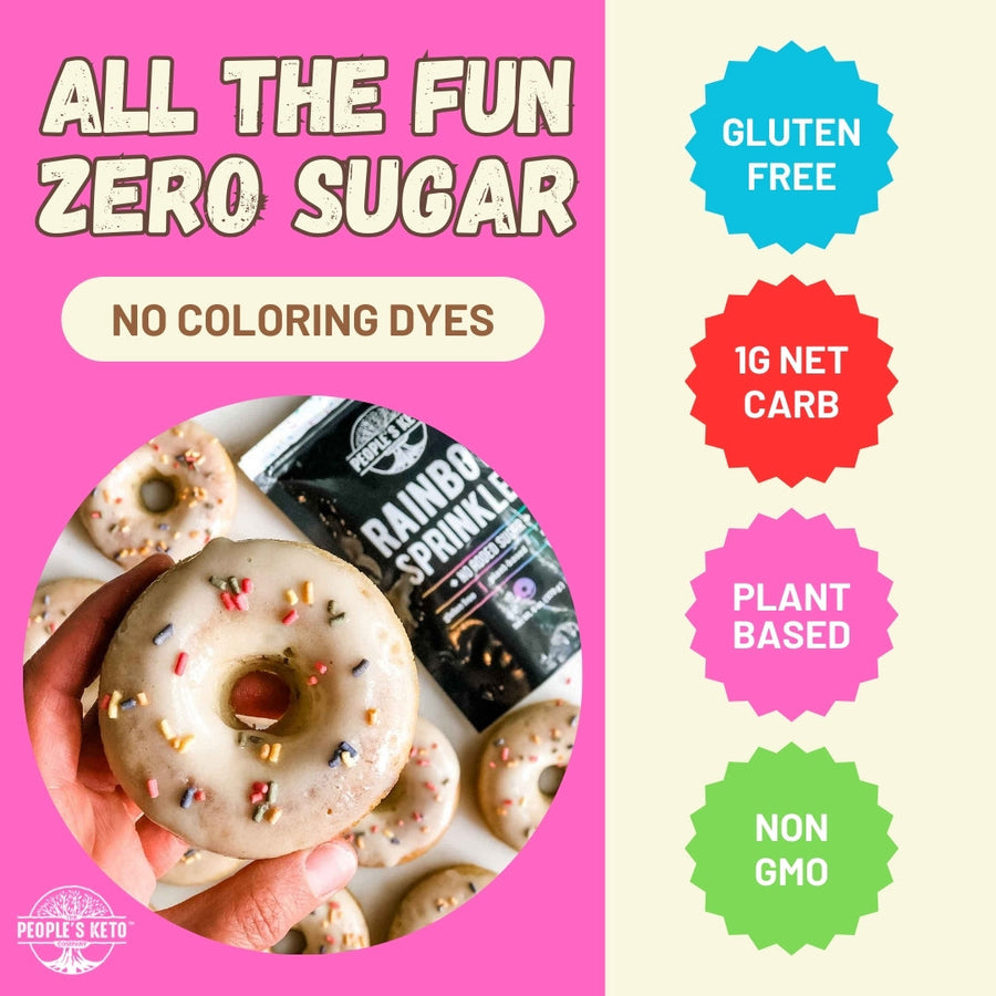 Rainbow Keto Sprinkles: pouch and decorated dessert feature graphic.