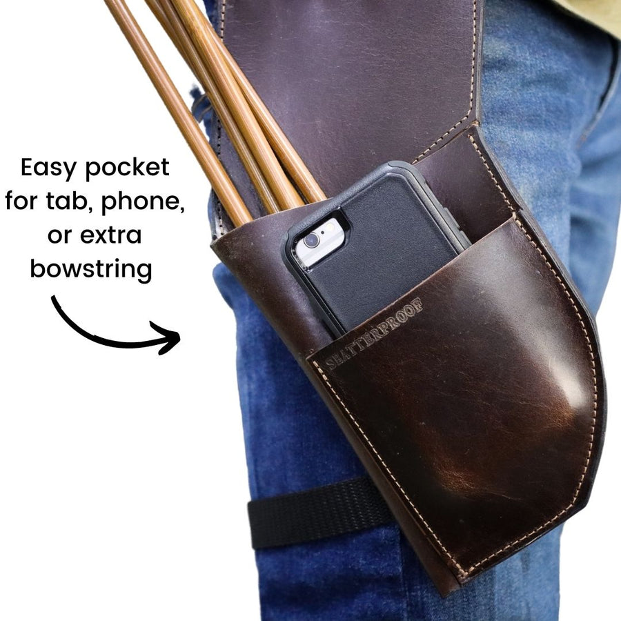 Leather Rear-Facing Hip Arrow Quiver — accessory pocket holding a phone