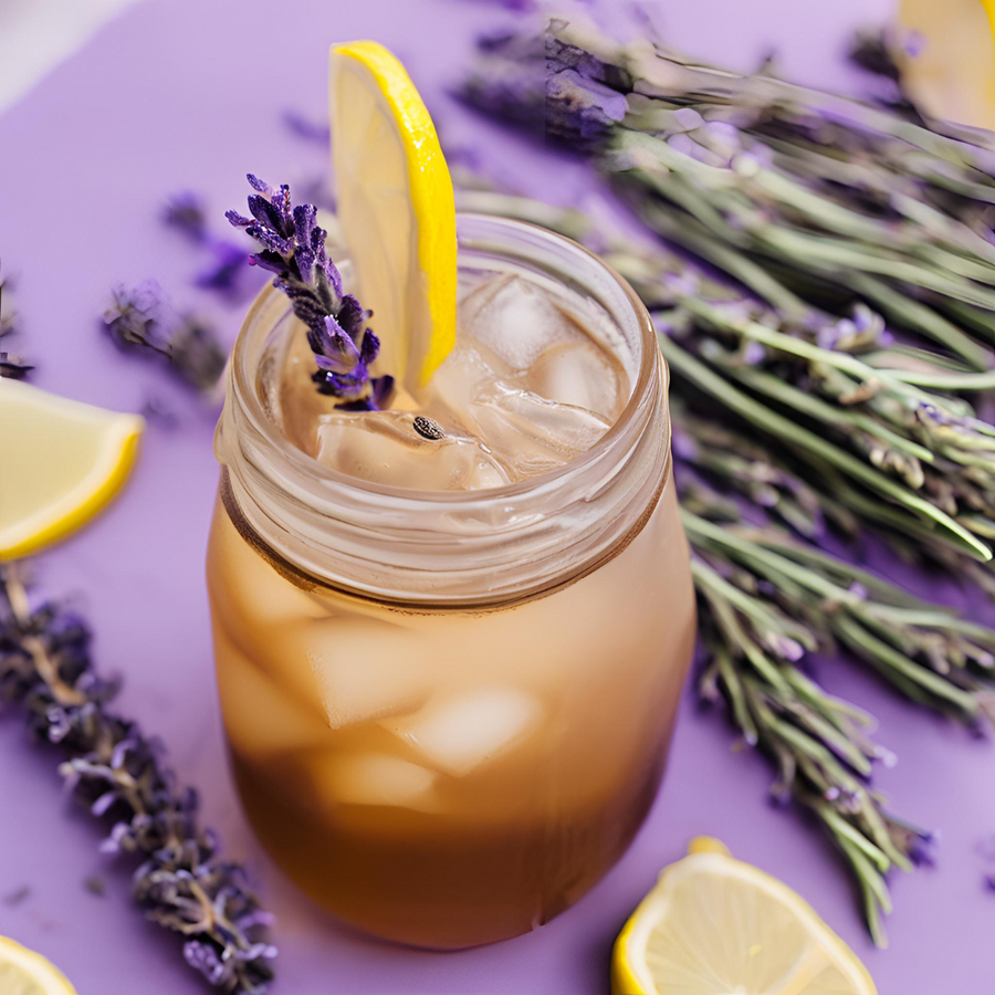 Serving suggestion: iced coffee with lemon and lavender pictured beside the glass