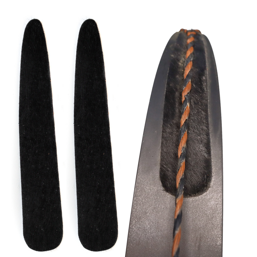 Peel-and-Stick Calf Hair Recurve String Groove Silencers — calf-hair pads with installed example