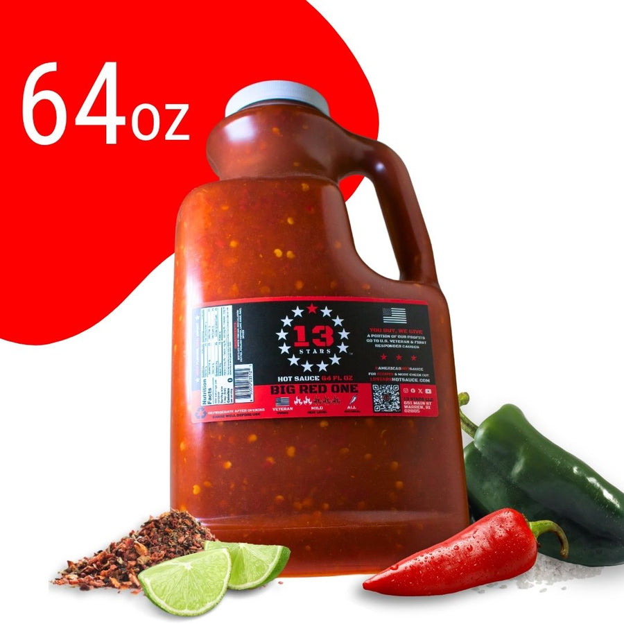 Big Red One 64 oz hot sauce jug with peppers and lime