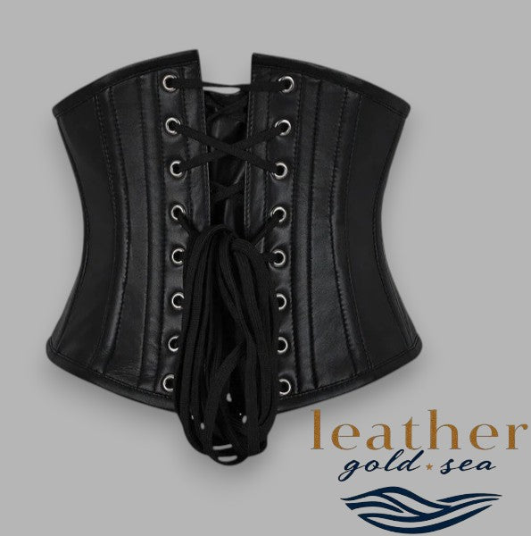 Leather Underbust Corset | Black Leather Corset with Silver Studs