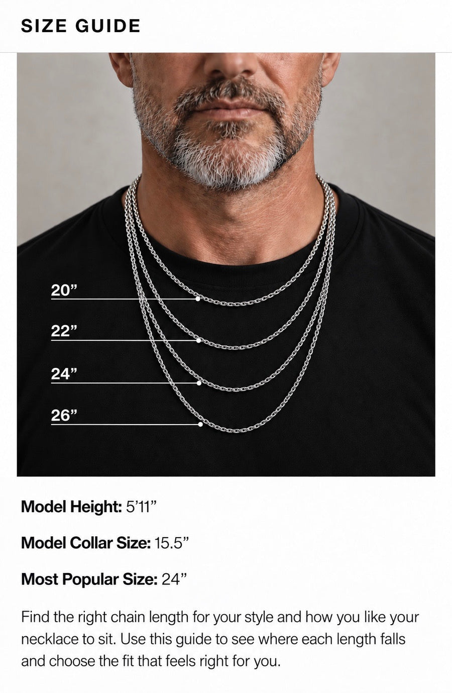 Necklace size guide showing chain lengths on a male model