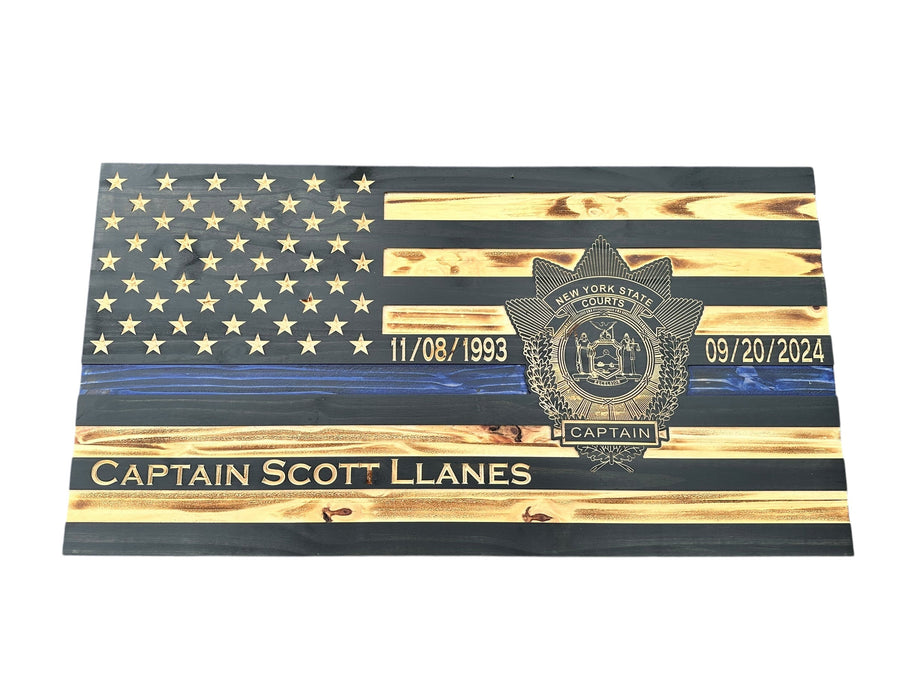 Personalized Thin Blue Line Wooden Police Flag with Engraved Badge — product photo 10