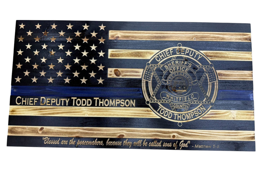 Personalized Thin Blue Line Wooden Police Flag with Engraved Badge — product photo 15