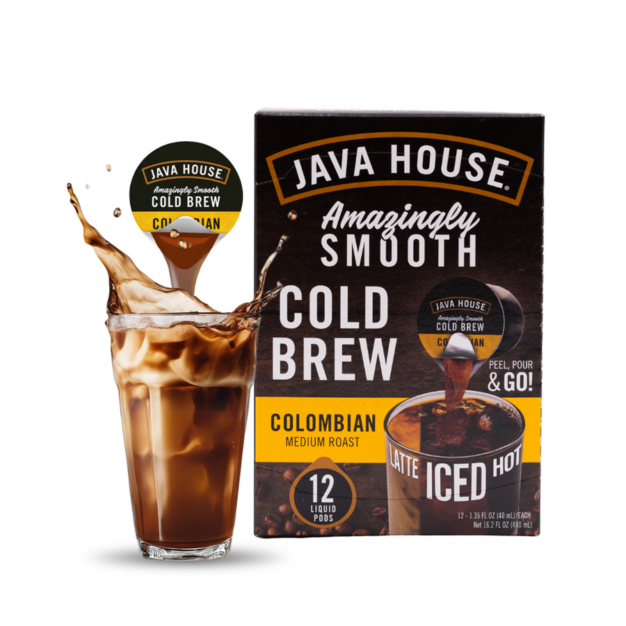 Colombian coffee carton and pod beside iced coffee