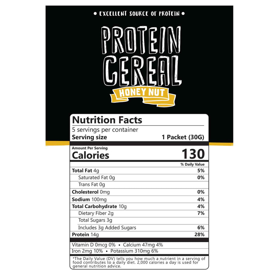 Honey Nut Protein Cereal: Nutrition Facts panel.