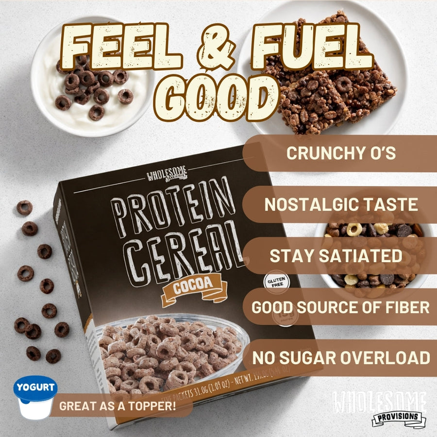 Cocoa Protein Cereal: cereal bowls and yogurt topping idea.