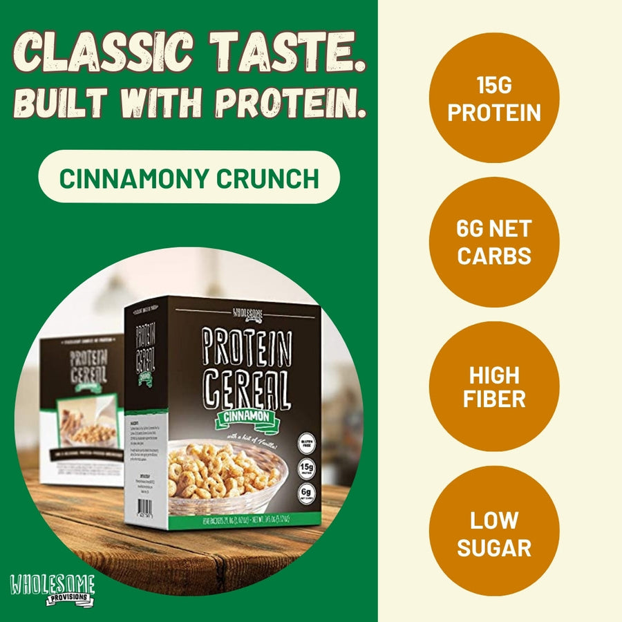 Cinnamon Protein Cereal: feature graphic with cereal box and cinnamon.