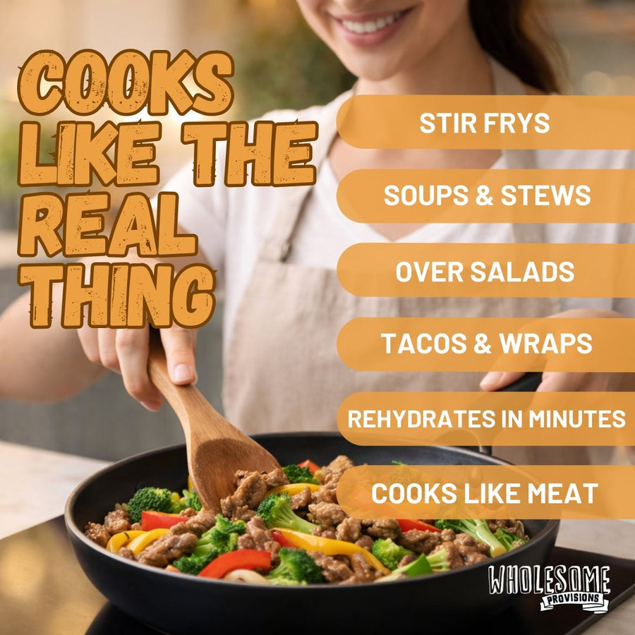 Just Like Beef Vegan Soy Protein: person cooking a skillet meal.