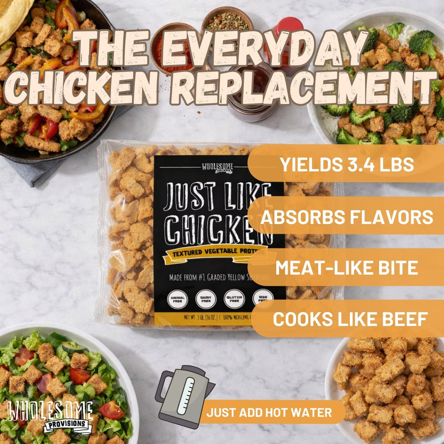 Just Like Chicken Vegan Soy Protein: bag with prepared meal ideas.
