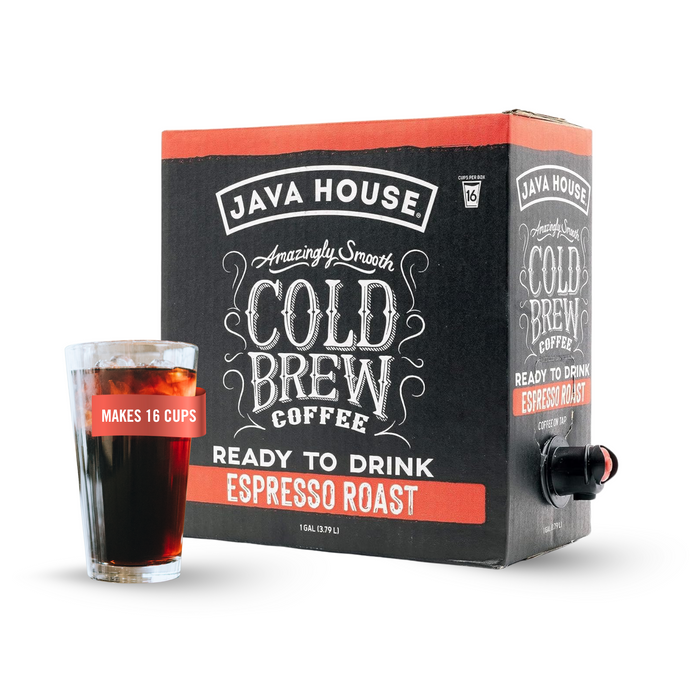 Espresso roast on-tap cold brew box with serving spout