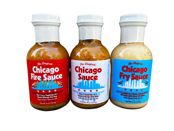One bottle each of Original Chicago, Fire and Fry sauces