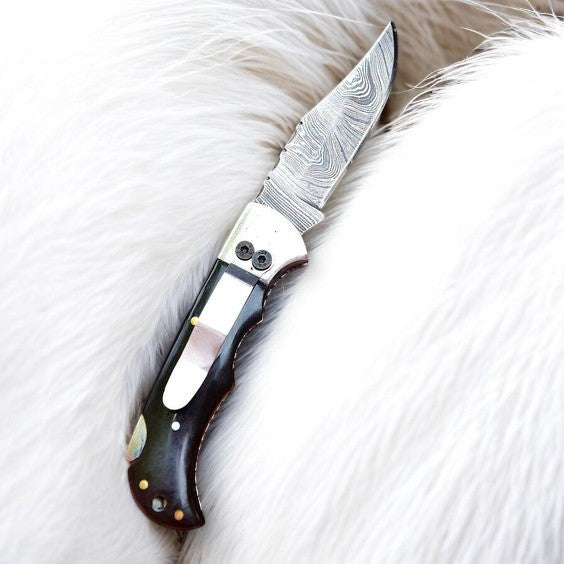 Damascus Pocket Clip Knife – Buffalo Horn Handle product photo