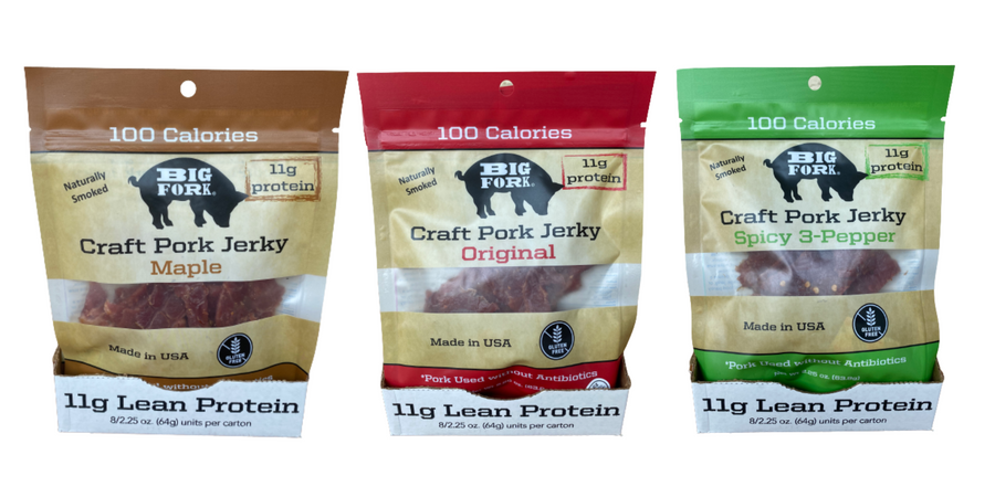 Display cases of all three pork jerky flavors