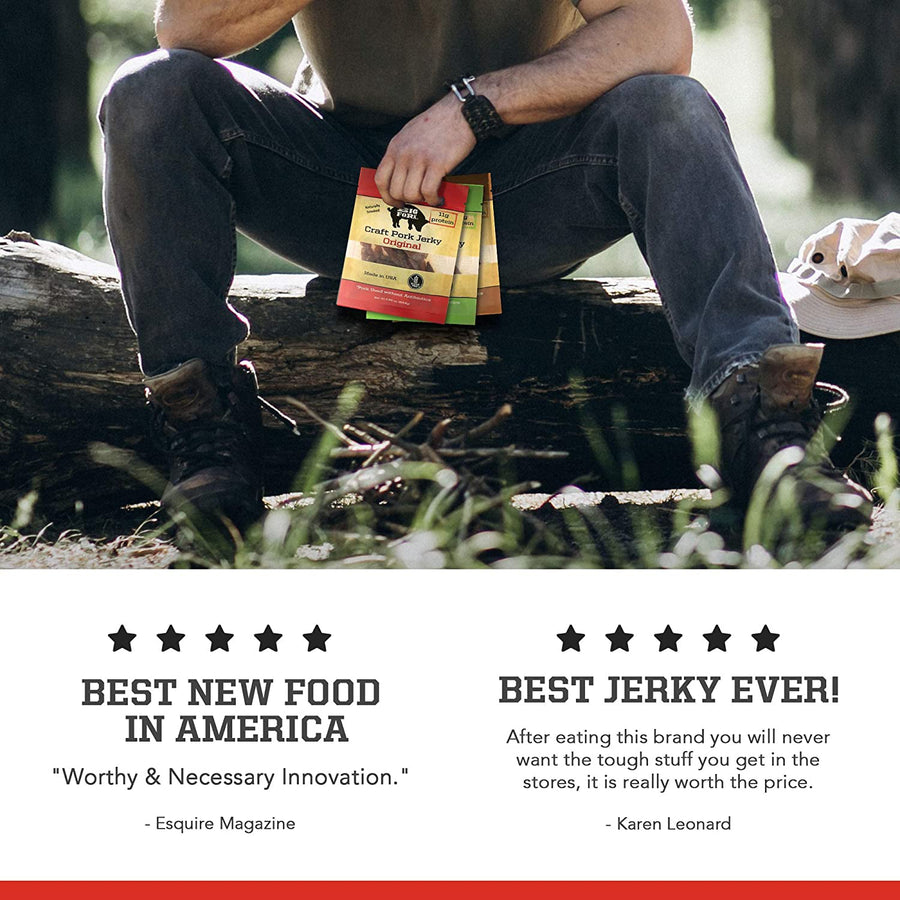 Pork jerky customer testimonial graphic with an outdoor snacking scene