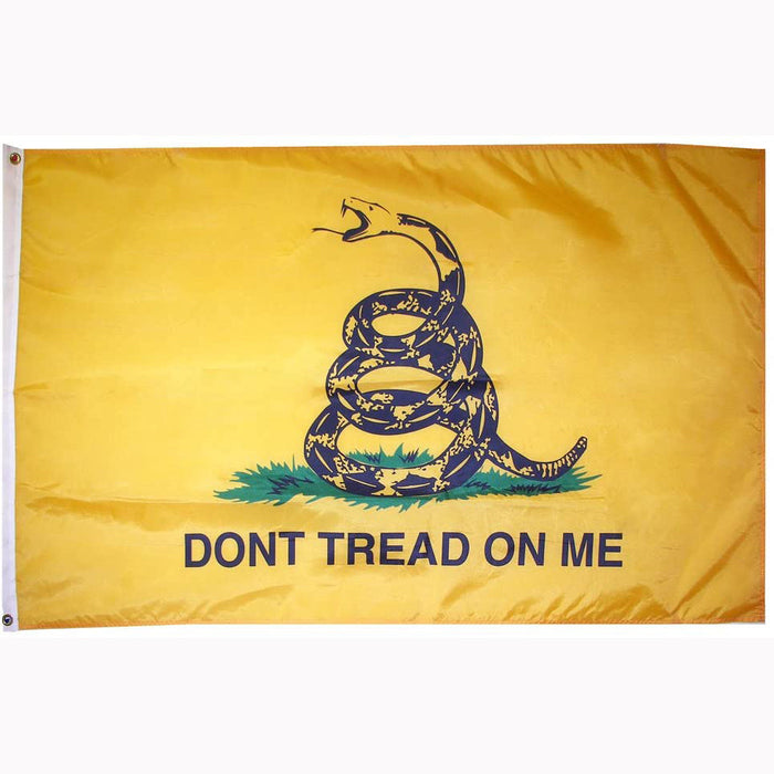 Yellow Gadsden Don't Tread on Me outdoor nylon flag with black coiled rattlesnake emblem