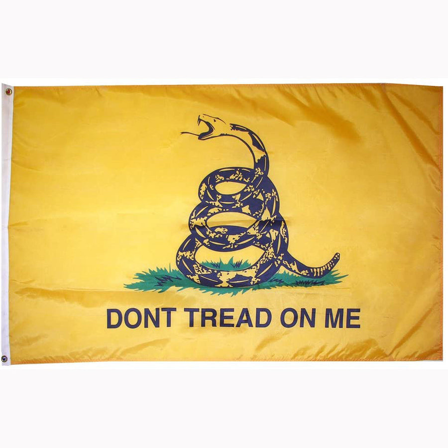 Yellow Gadsden Don't Tread on Me outdoor nylon flag with black coiled rattlesnake emblem