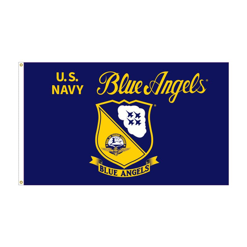 3x5 U.S. Navy Blue Angels flag with navy-blue field, yellow lettering and Blue Angels emblem