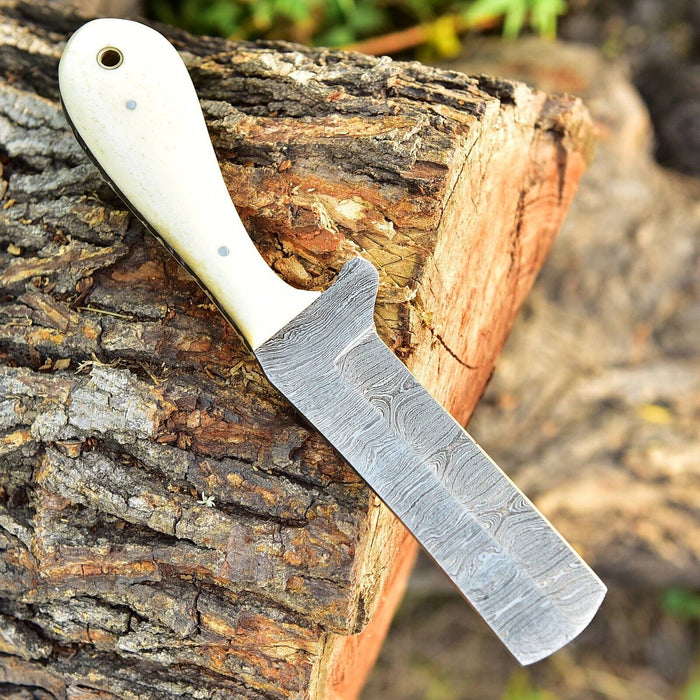 Gareth Bull Style Knife – 8" Damascus Steel Blade with Camel Bone Handle & Western Leather Sheath
