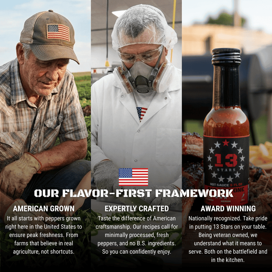 13 Stars brand infographic showing a farmer, sauce production and a hot sauce bottle