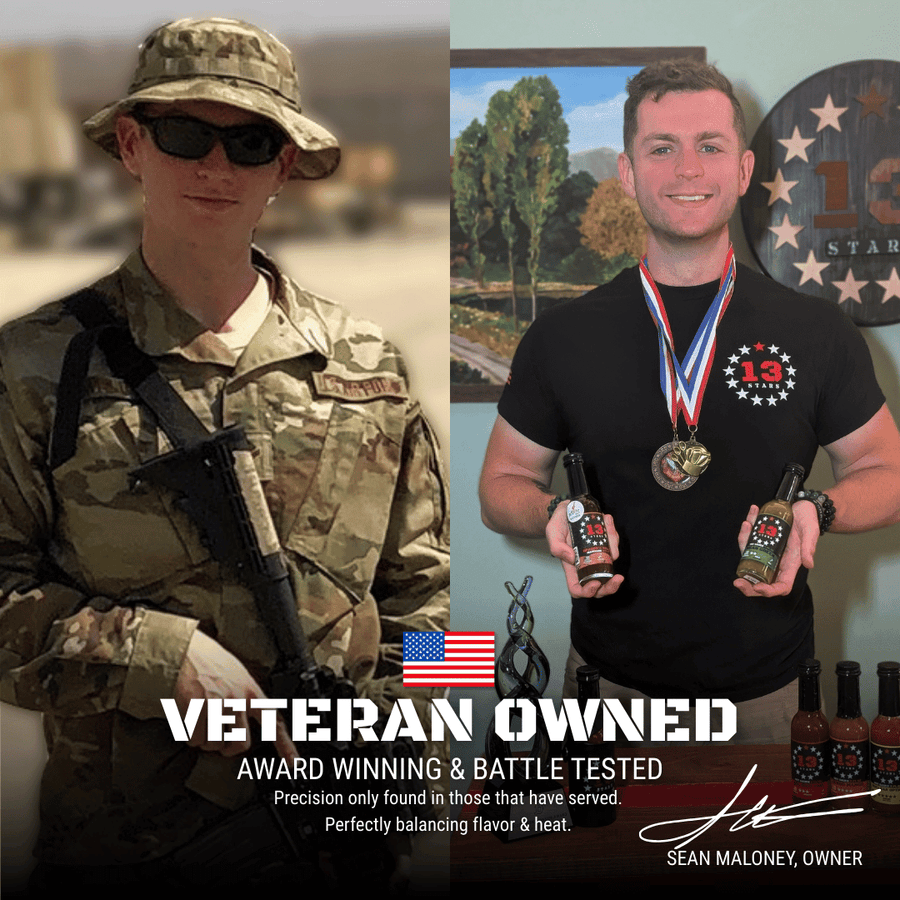13 Stars founder shown in military uniform and holding medals with hot sauce bottles
