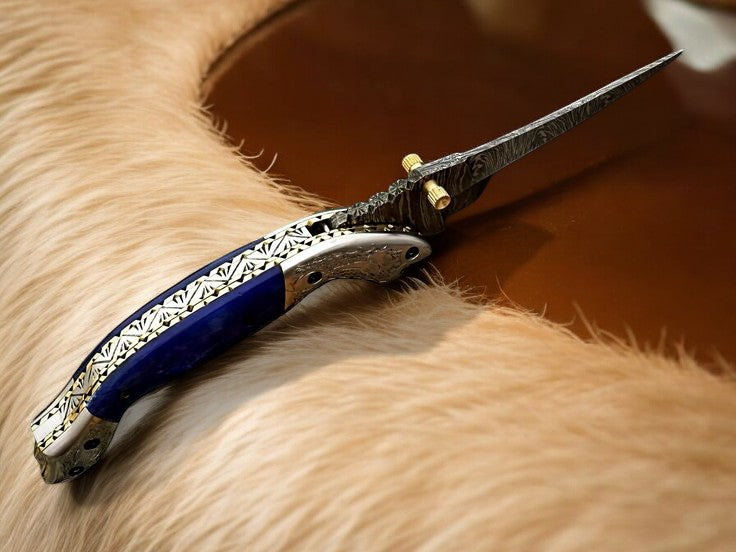 Handmade Damascus Pocket Knife – Blue Wood Handle