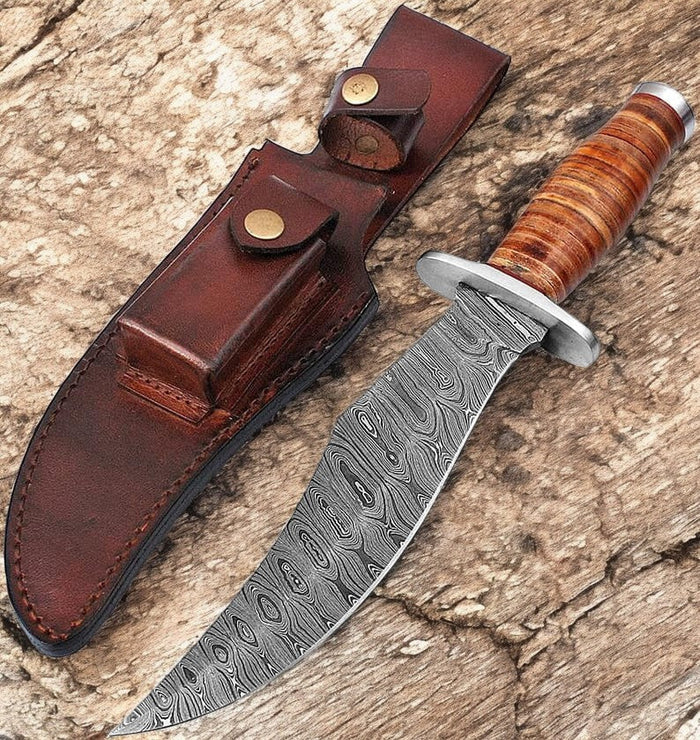 Handmade Damascus Steel Bowie Knife with Leather Handle