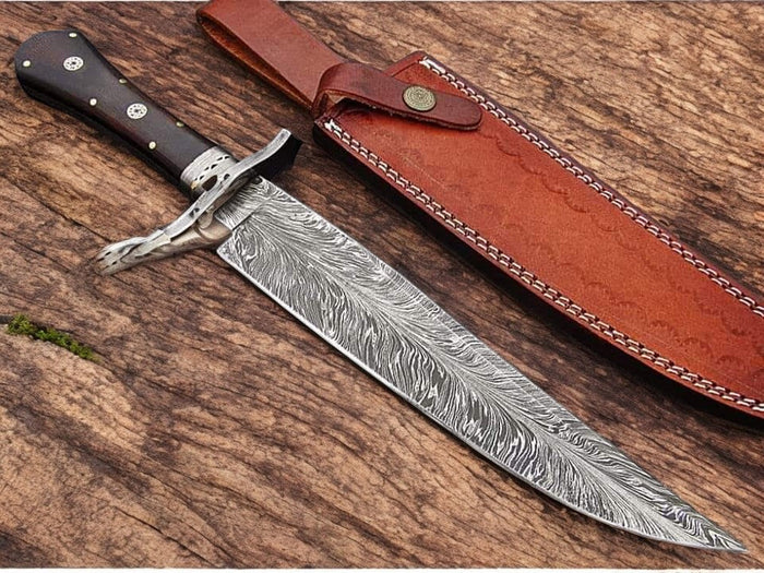 Custom Handmade Feather Pattern Damascus Bowie Knife