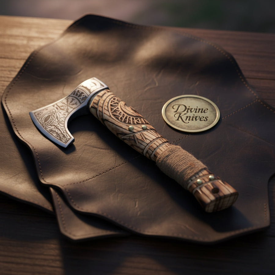 Norse Symbols Engraved Hatchet with Carved Wood Handle