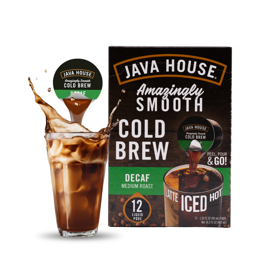 Java House Decaf coffee carton and pod beside iced coffee