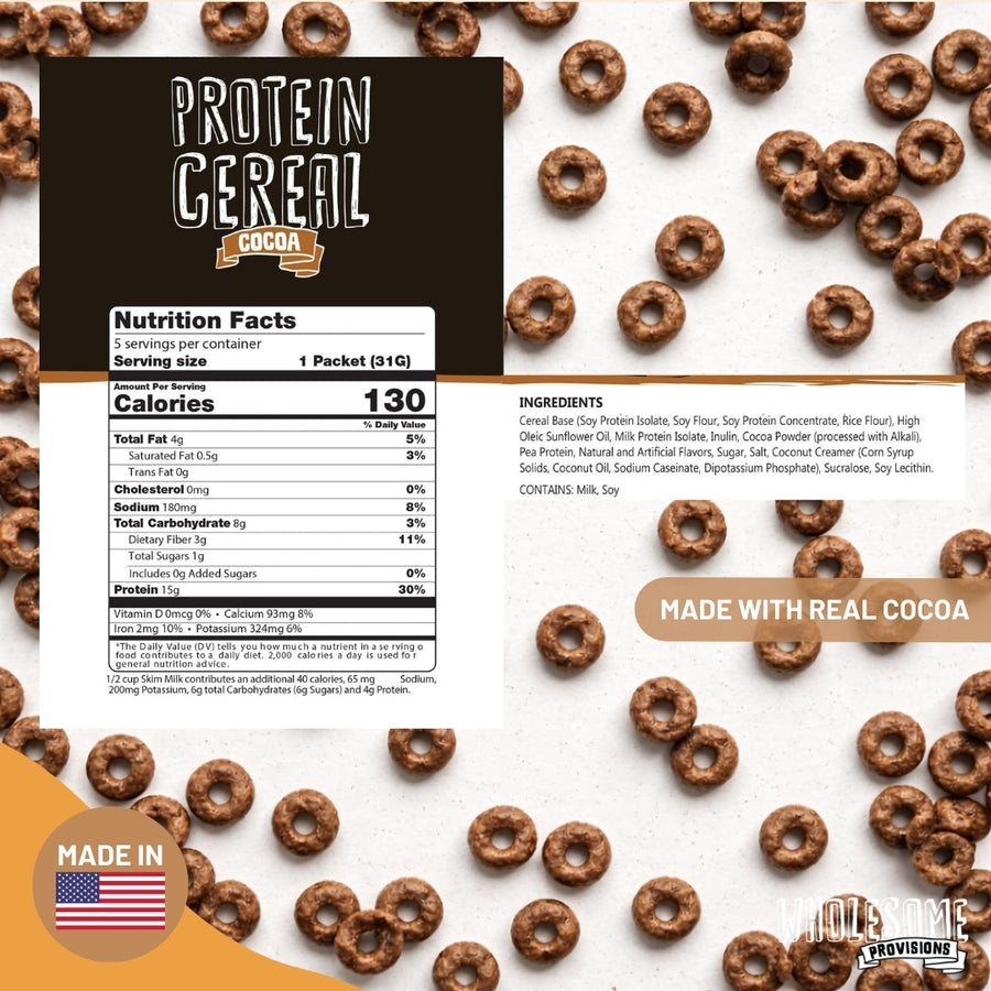 Cocoa Protein Cereal: Nutrition Facts and ingredient graphic.