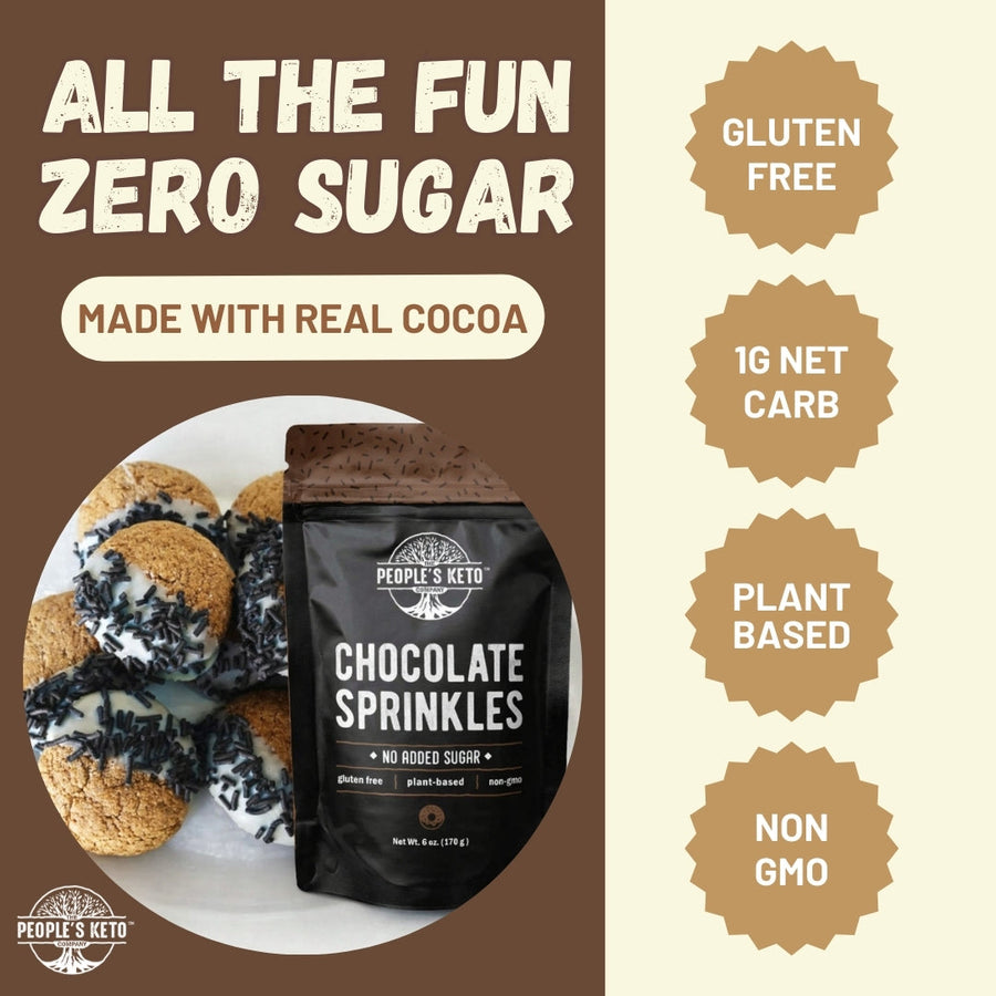 Chocolate Keto Sprinkles: pouch and cookie feature graphic.