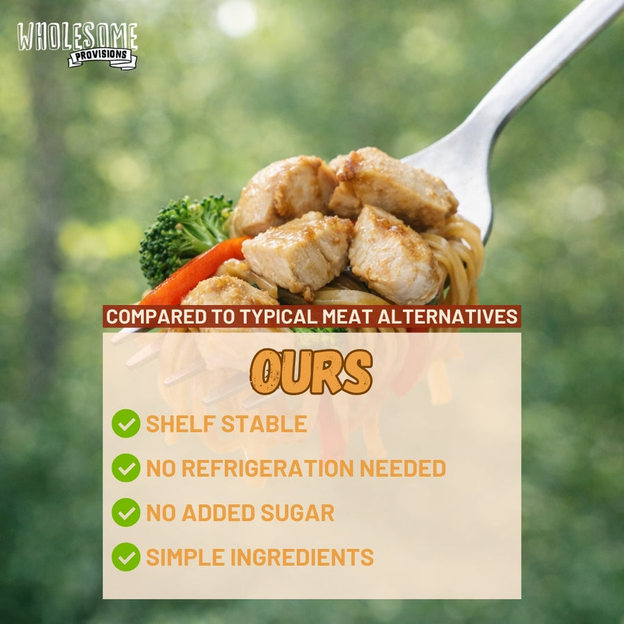 Just Like Chicken Vegan Soy Protein: spoonful of prepared pieces with comparison text.