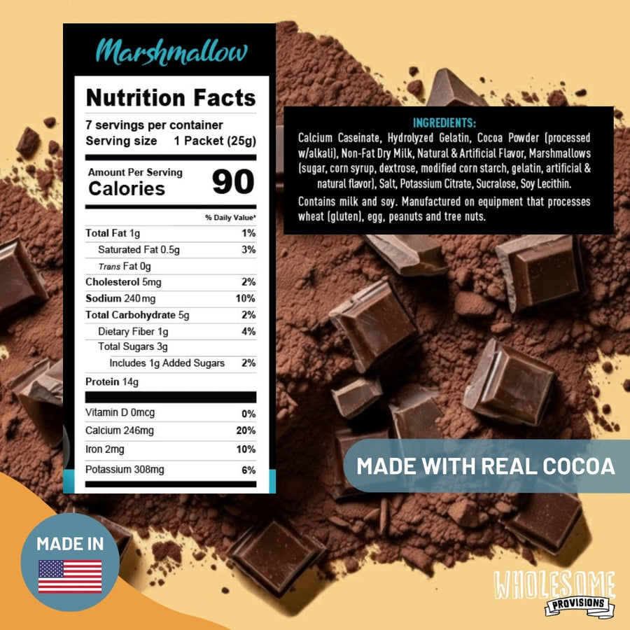 Marshmallow Protein Hot Chocolate: Nutrition Facts and ingredient graphic.