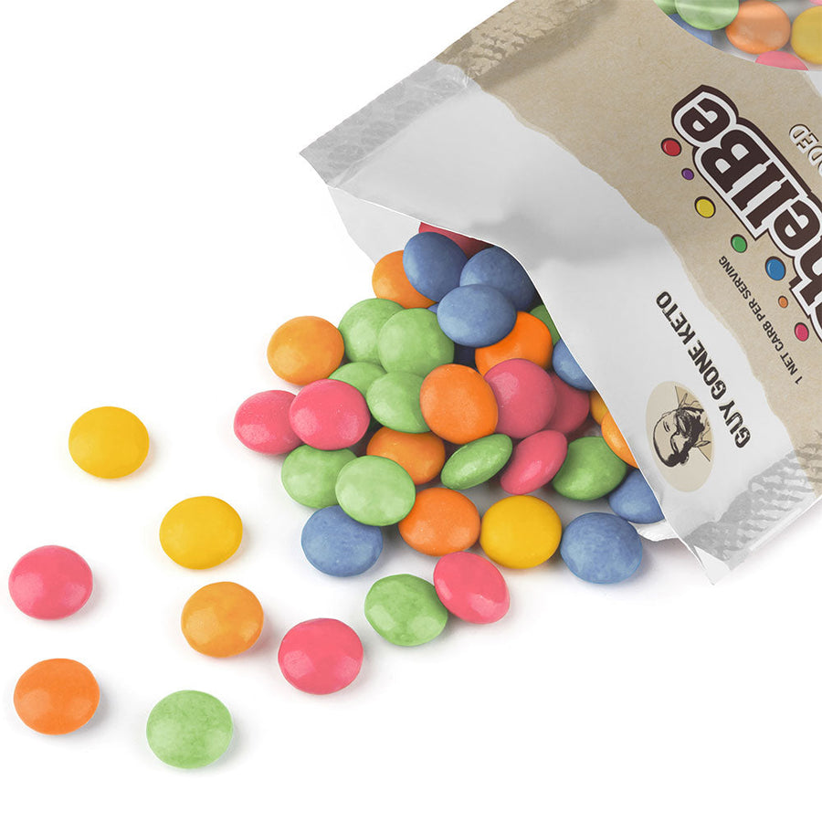 ShellBe Chocolate Candy Buttons: colorful candy buttons spilling from bag.
