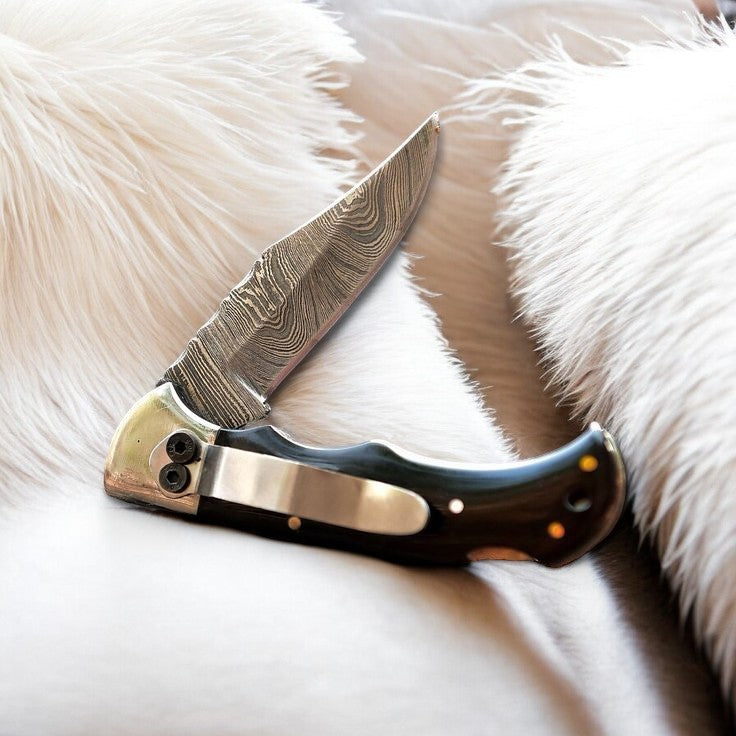 Damascus Pocket Clip Knife – Buffalo Horn Handle product photo