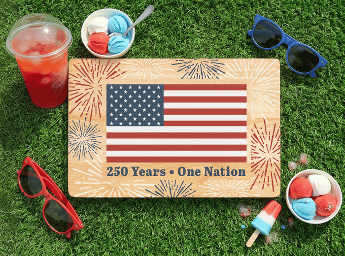 American flag maple serving board styled for a patriotic gathering