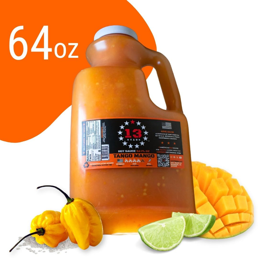 Tango Mango 64 oz hot sauce jug with mango and lime