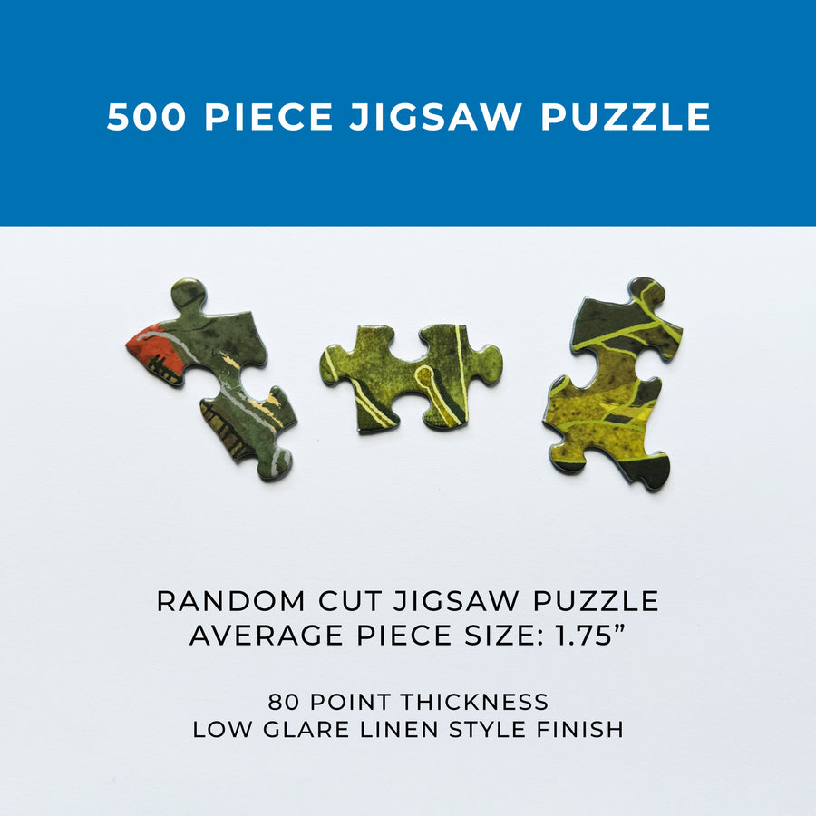 Manufacturer reference graphic showing puzzle pieces, board thickness, and linen-style surface finish