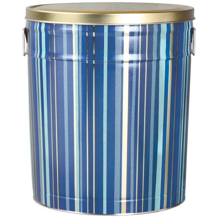 Indigo-striped popcorn tin with a gold-colored lid