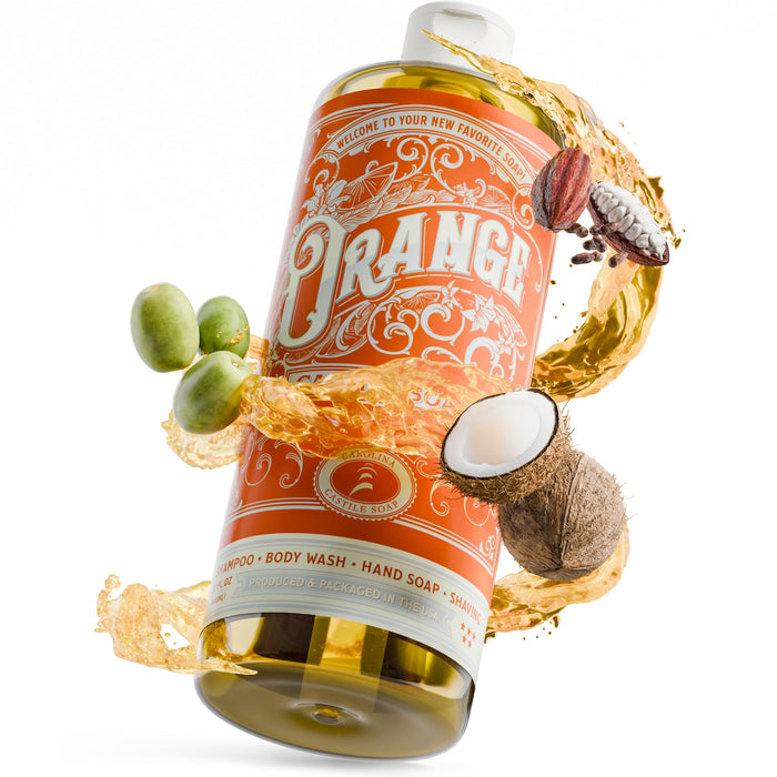 Orange Liquid Castile Soap — bottle with illustrated plant oils