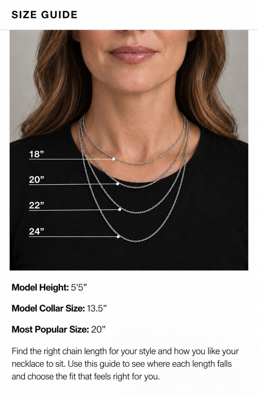 Necklace size guide showing chain lengths on a female model