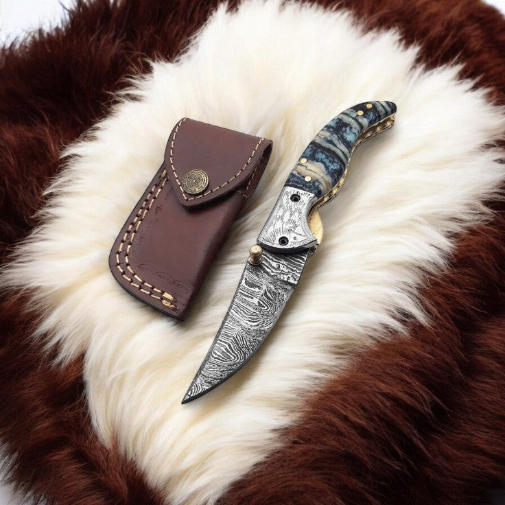 Handmade Damascus Steel Pocket Knife with Epoxy Handle