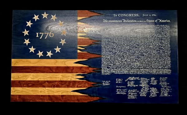 Blue Declaration of Independence wall plaque with 1776 flag and engraved text