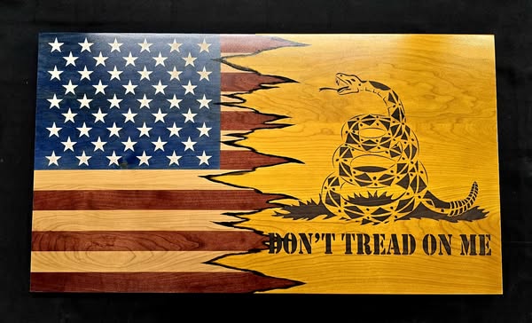 Handcrafted Don't Tread on Me solid cherry wood patriotic wall flag for indoor display