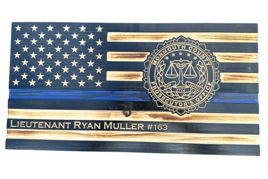Personalized Thin Blue Line Wooden Police Flag with Engraved Badge — product photo 16
